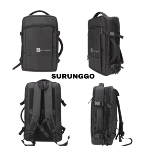 Display Black Backpack Bag from Four Different Angles on a Transparent Background with Text 'SURONGGO'